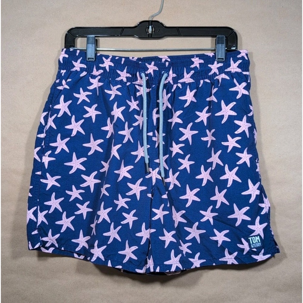 Tom & Teddy Men's Medium Swim Trunks Purple With Pink Starfish Lined, Pockets